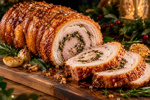 Cooked rolled porchetta sliced with golden crackling on a festive serving board – serving suggestion